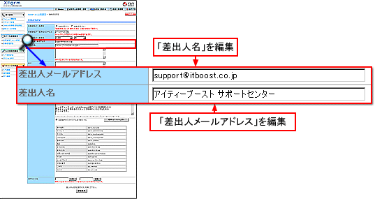 「差出人メールアドレス」と「差出人名」を編集する。